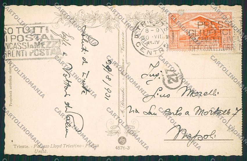 Trieste Città Palazzo del Lloyd Tram PIEGA cartolina ZC0289 – retro