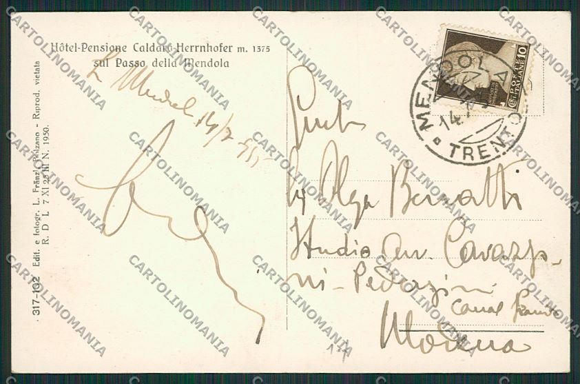 Trento Passo della Mendola cartolina ZC2847 – retro