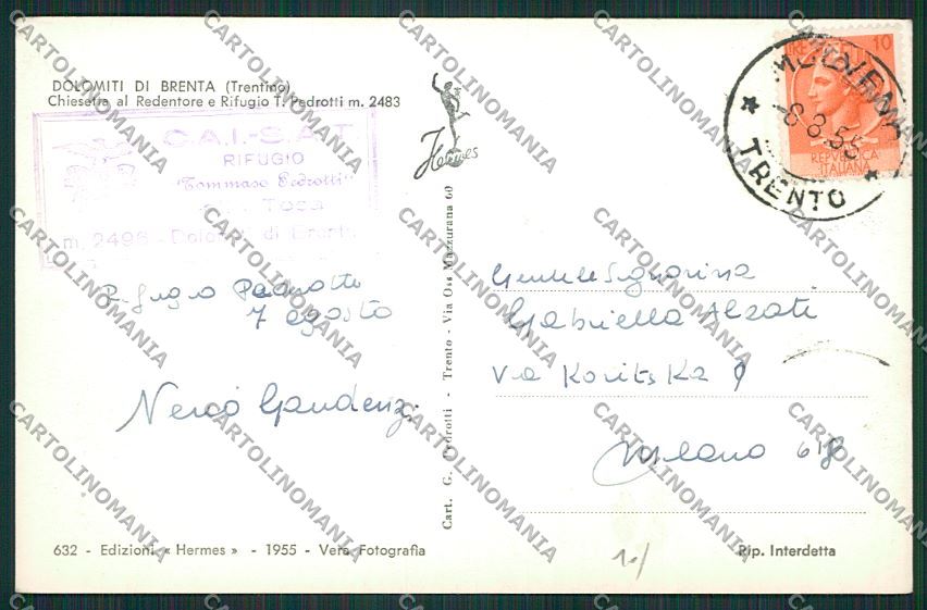 Trento Dolomiti di Brenta Rifugio Tommaso Pedrotti Foto cartolina ZC2876 – retro
