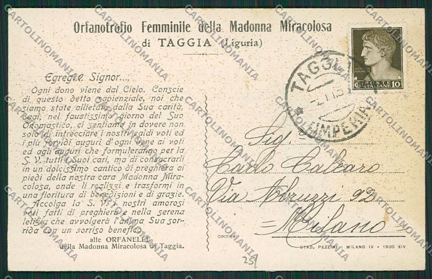 Imperia Taggia Orfanotrofio Femminile della Madonna Miracolosa cartolina ZC3830 – retro