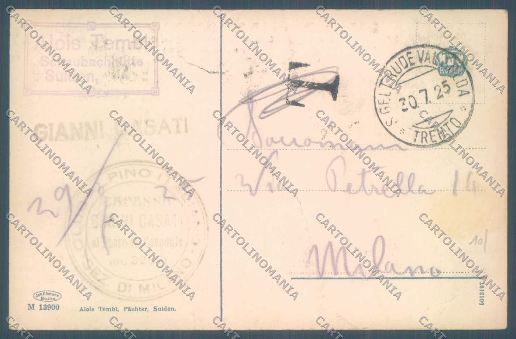 Bolzano Stelvio Solda Rifugio Città di Milano Gran Zebru PIEGHE cartolina ZC3904 – retro