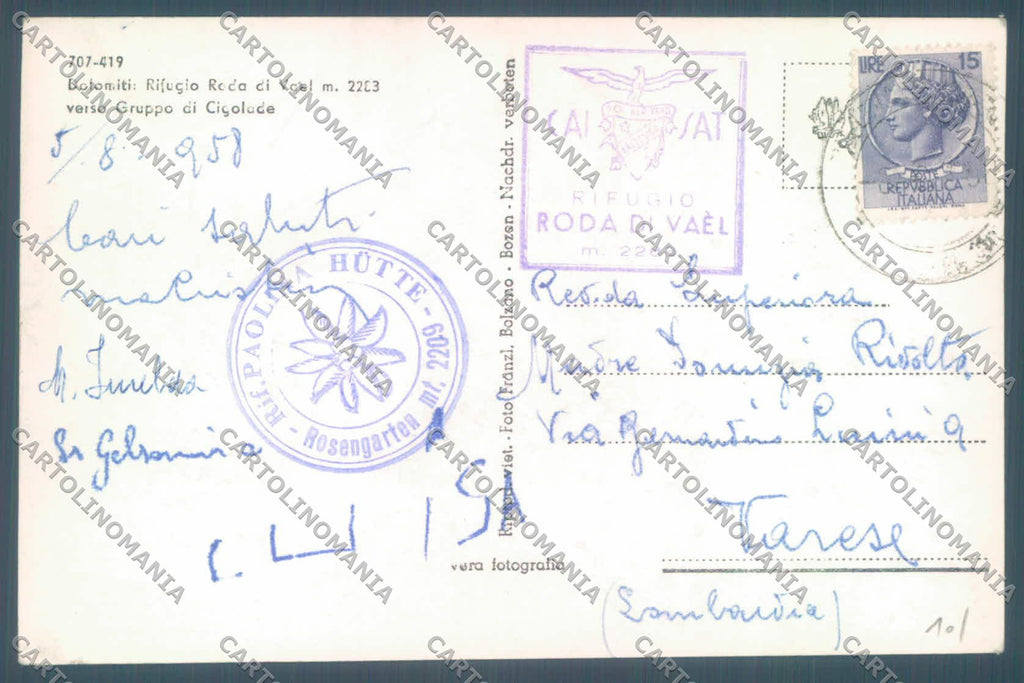 Trento Vigo di Fassa Rifugio Roda di Vaèl Cai Foto cartolina ZC4129 – retro