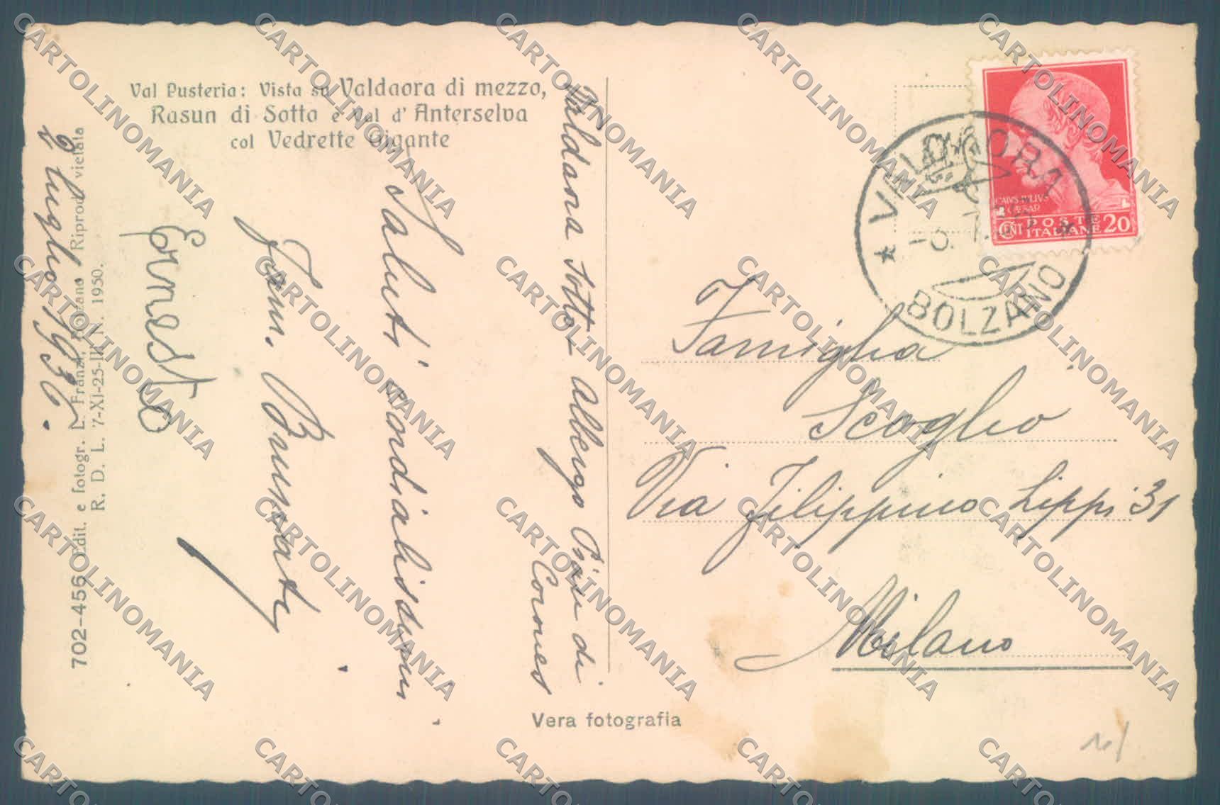 Bolzano Valdaora di Mezzo Rasun di Sotto Vedrette Gigante Foto cartolina ZC4229 – retro