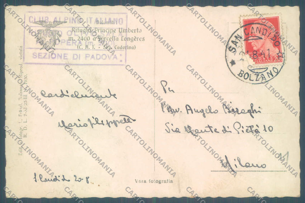 Belluno Cortina d'Ampezzo Rifugio Principe Umberto ABRASA Foto cartolina ZC4728 – retro