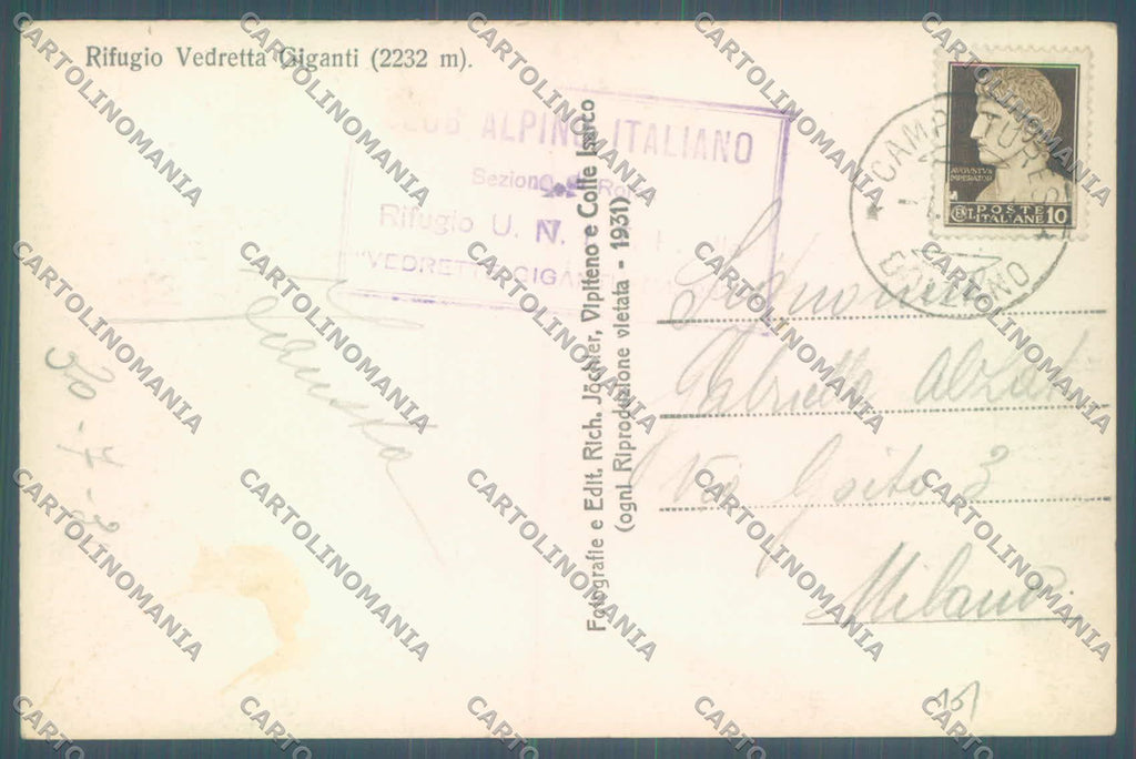 Bolzano Rifugio Vedrette Giganti Alpi Aurine Alpinismo Cai Foto cartolina ZC4734 – retro