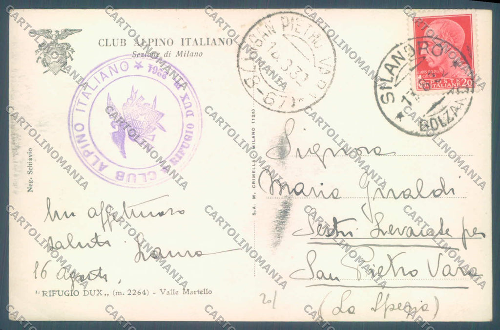 Bolzano Valle Martello Rifugio Dux Cai PIEGHINA Foto cartolina ZC4935 – retro