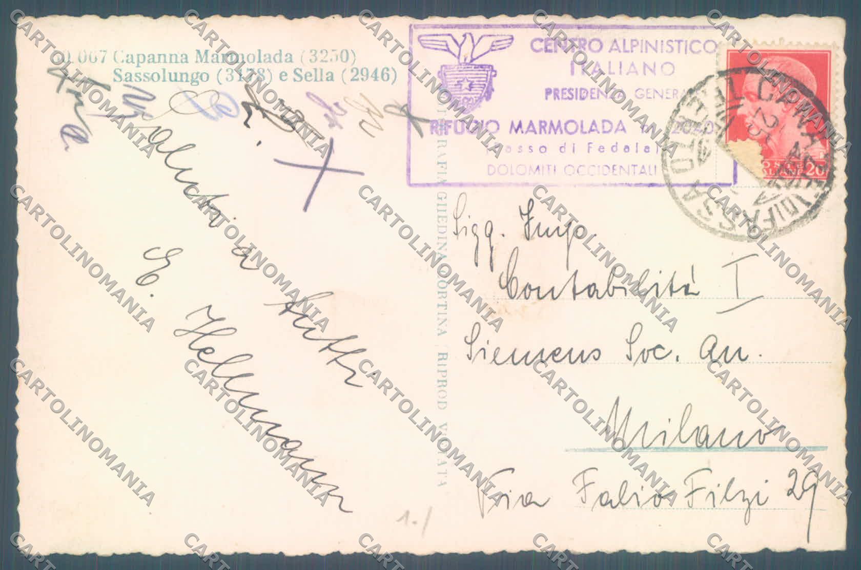 Trento Capanna Marmolada Sassolungo Sella Sci Cai cartolina ZC5425 – retro