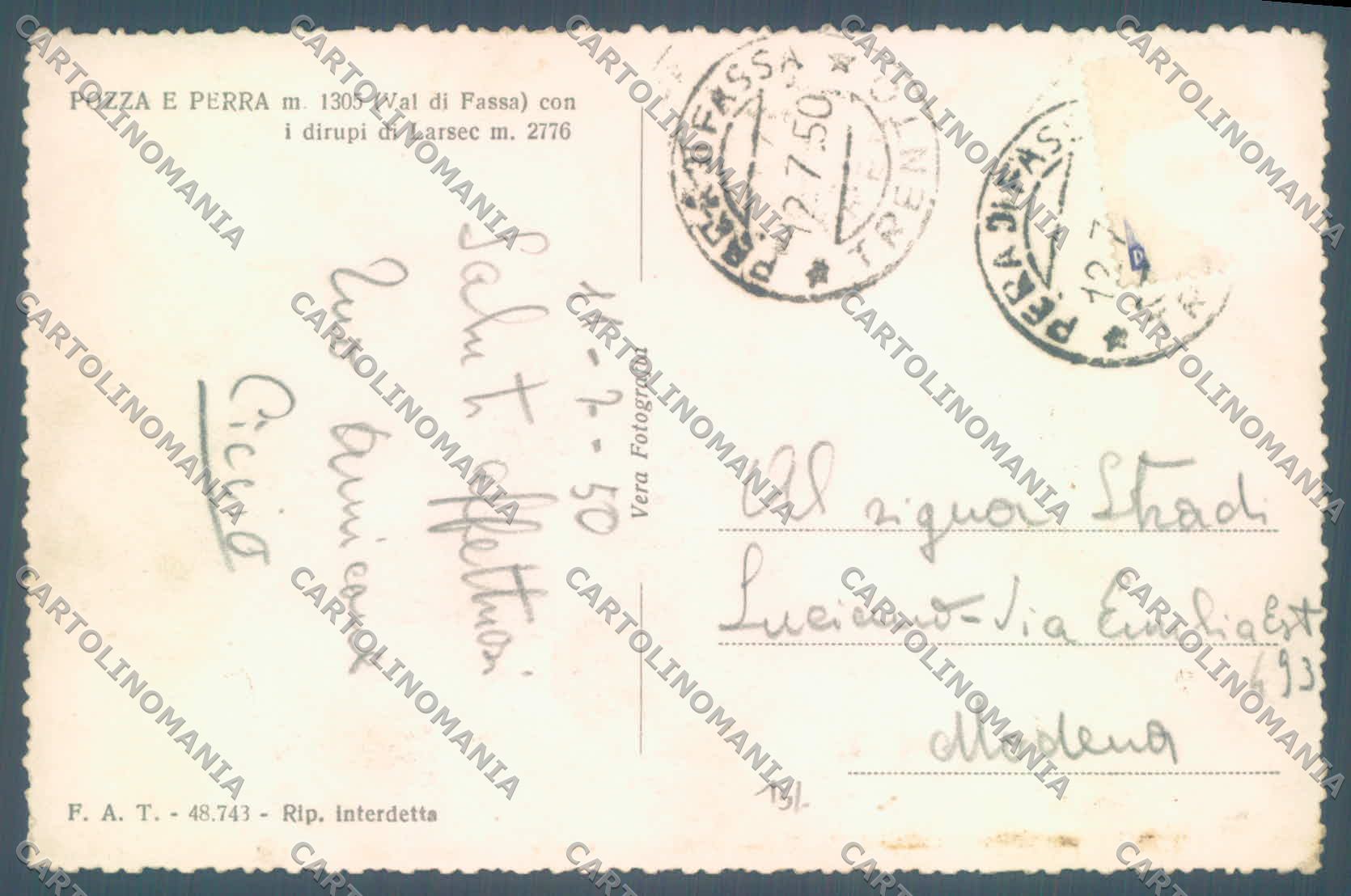 Trento Val di Fassa Pozza di Pera di Fassa Dirupi Larsec Foto cartolina ZC5634 – retro