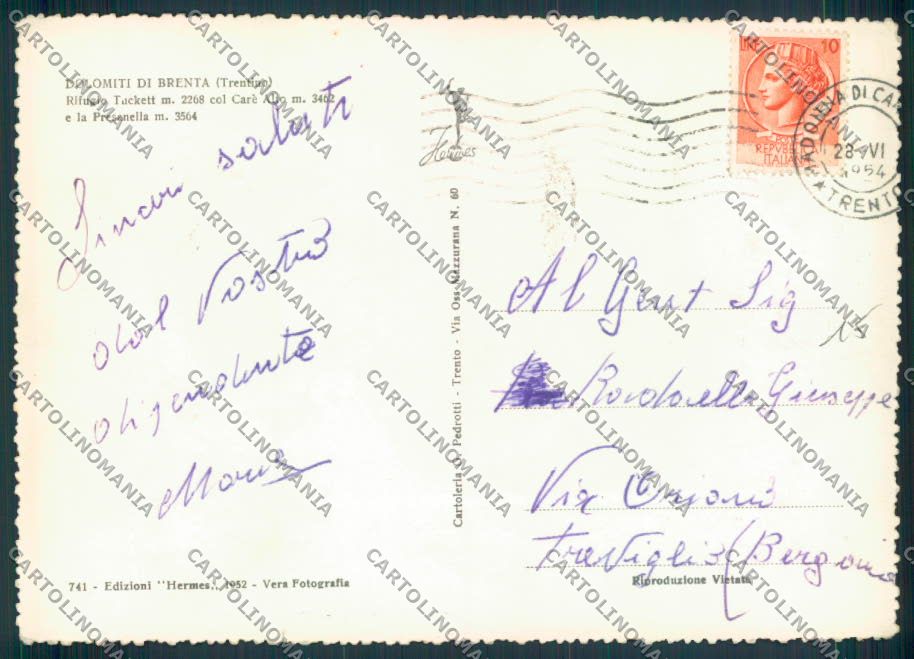 Trento Rifugio Tuckett foto FG cartolina ZF1190 – retro