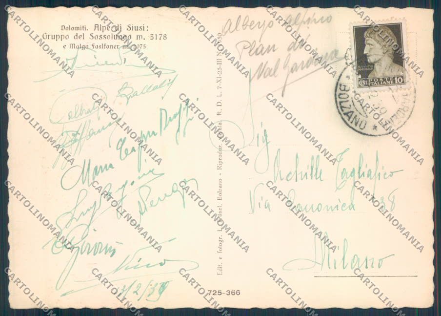 Bolzano Alpe di Siusi FG cartolina ZF2101 – retro