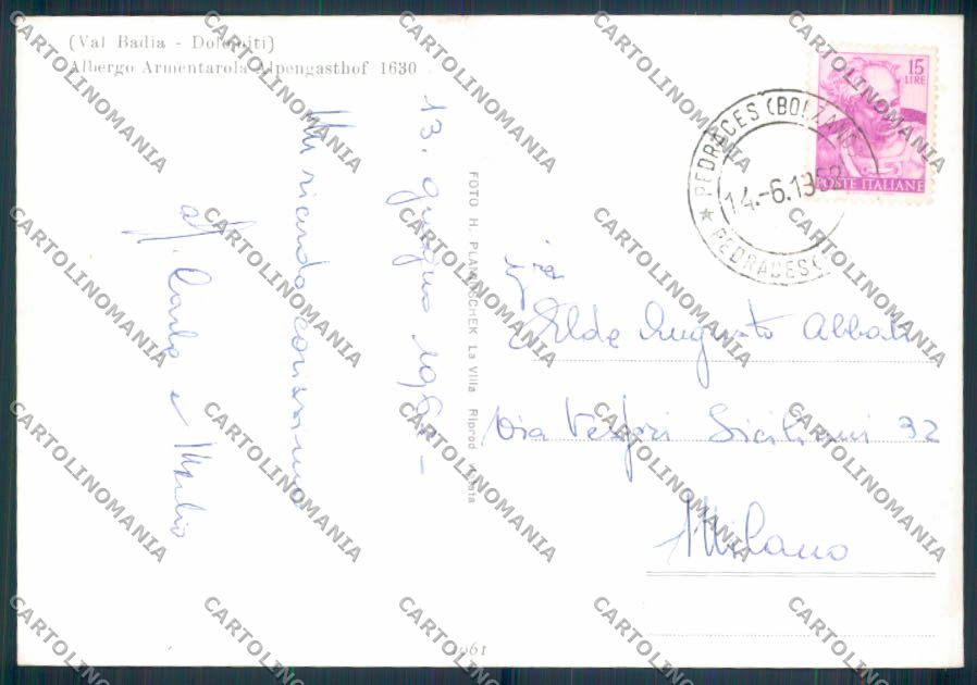 Bolzano Pedraces Albergo Armentarola Val Badia foto FG cartolina ZF2140 – retro