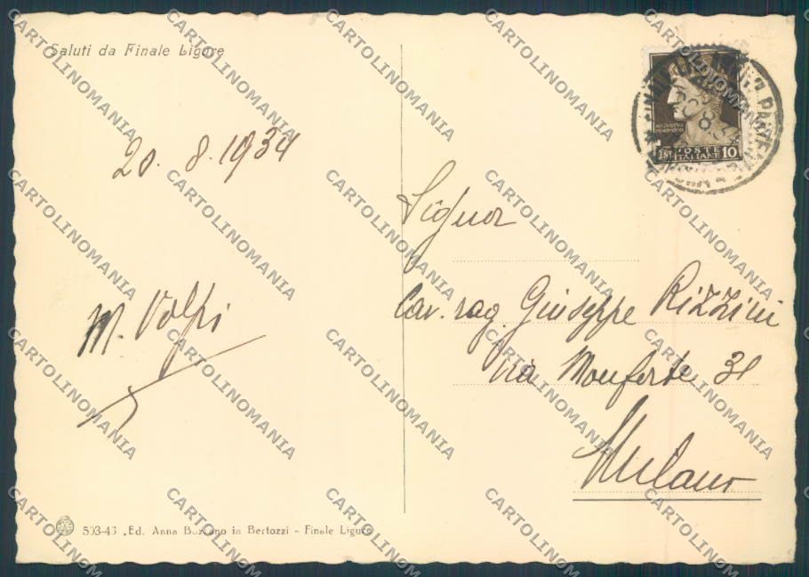 Savona Finale Ligure STRAPPINI FG cartolina ZF2984 – retro