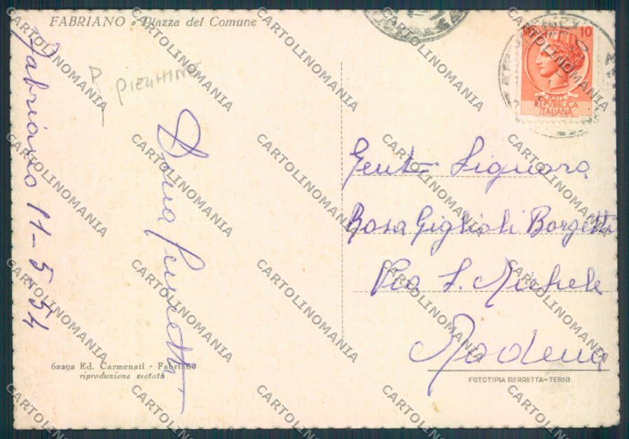 Ancona Fabriano Corriera PIEGHINE FG cartolina ZF6817 – retro