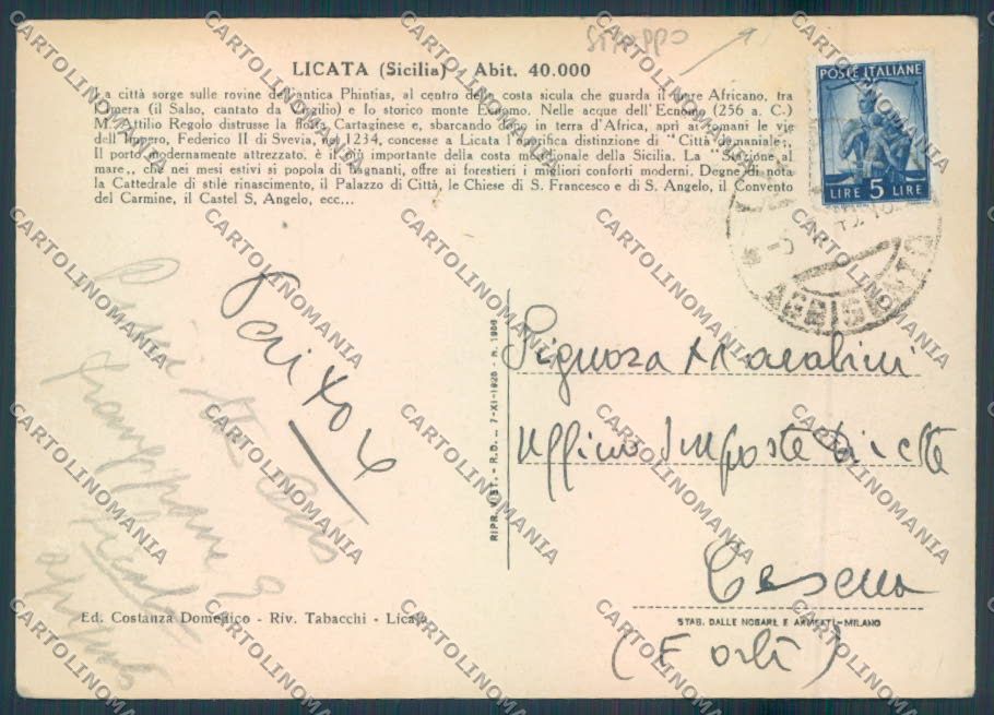 Agrigento Licata STRAPPINO FG cartolina ZF7192 – retro