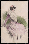 Artist Signed R. Casas Fashion Lady TEARED STRAPPINO cartolina ZG3185 – fronte