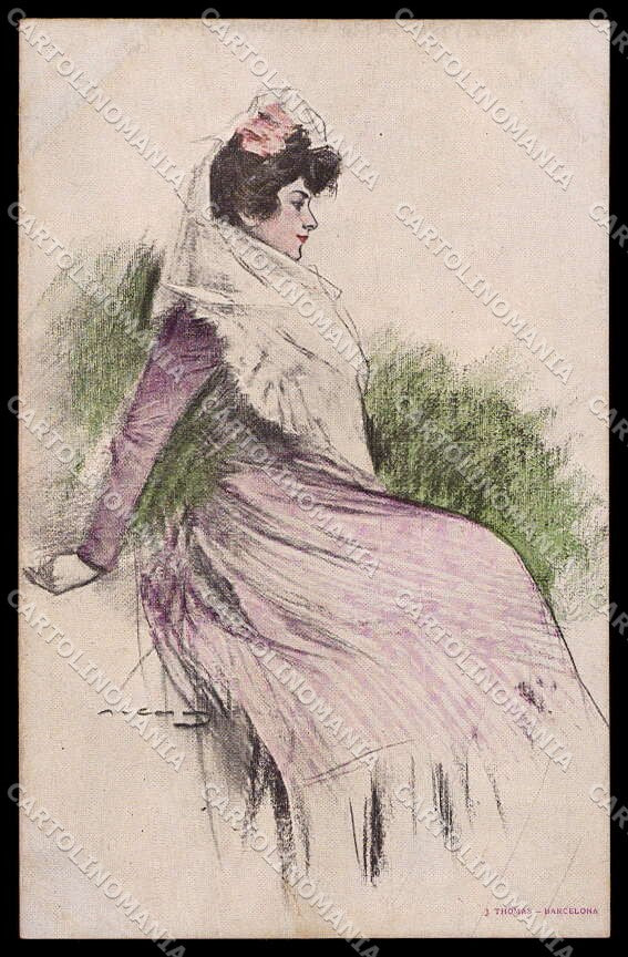 Artist Signed R. Casas Fashion Lady TEARED STRAPPINO cartolina ZG3185 – fronte