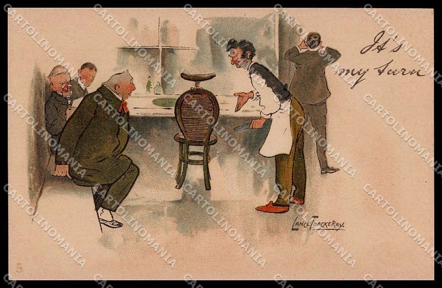 Artist Signed Lance Thackeray It's my Turn Hairdresser Tuck serie 1274 pc ZG3666 – fronte