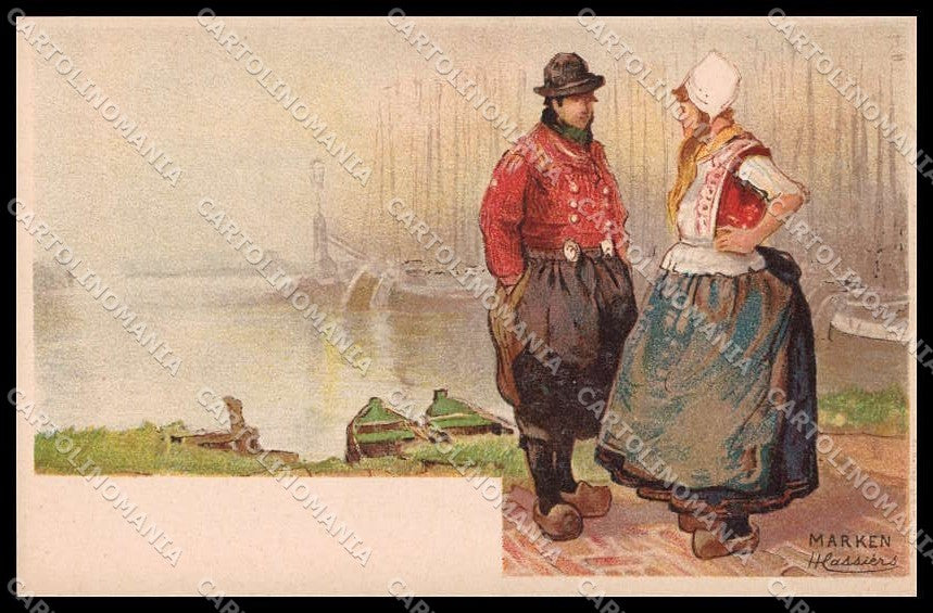 Artist Signed H. Cassiers Danish Costumes Marken Litho pc ZG3862 – fronte