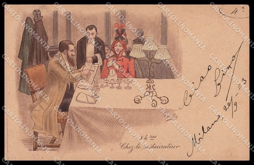 Artist Signed Fredillo Lady Chez le Restaurateur Art Nouveau pc ZG3977 – fronte
