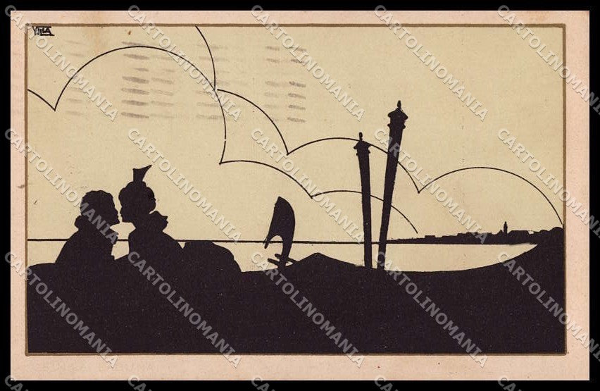 Artist Signed Villa Scattina Romantic Couple Venezia Silhouette pc ZG4037 – fronte