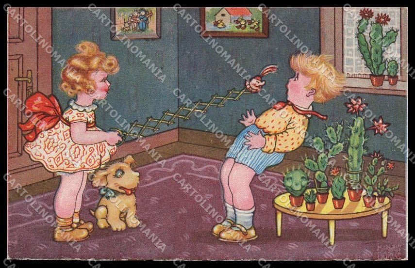 Artist Signed Margret Boriss Children Dog Rokat pc ZG4564 – fronte