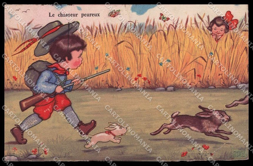 Artist Signed Margret Boriss Children Caccia Hunting Amag 0318 CREASED pc ZG4575 – fronte