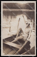 French Risque Woman Swan Stocking Original RPPC postcard ZG5227 – fronte