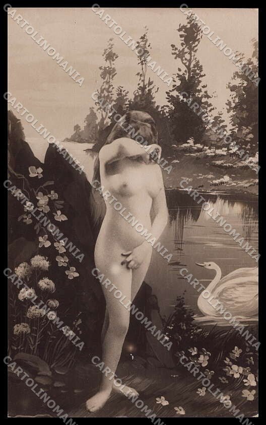 French Risque Nude Woman Swan Original RPPC postcard ZG5327 – fronte