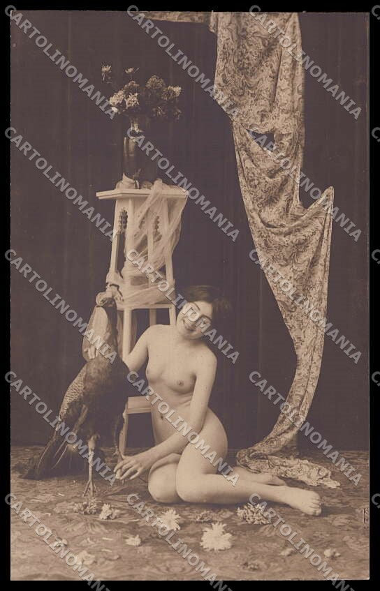 French Risque Nude Woman Peacock Original RPPC postcard ZG5574 – fronte