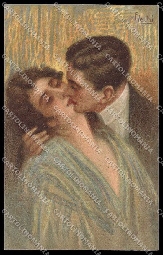 Artist Signed Vecchi Romantic Couple Lady Kiss 220-6 pc ZG6007 – fronte