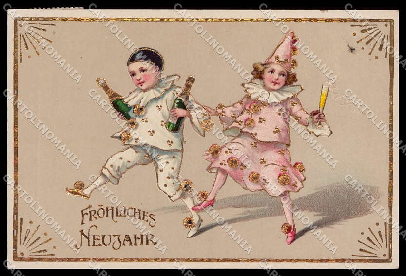 Artist Signed New Year Buon Anno Pierrot Girl Meissner Buck pc ZG6128 – fronte