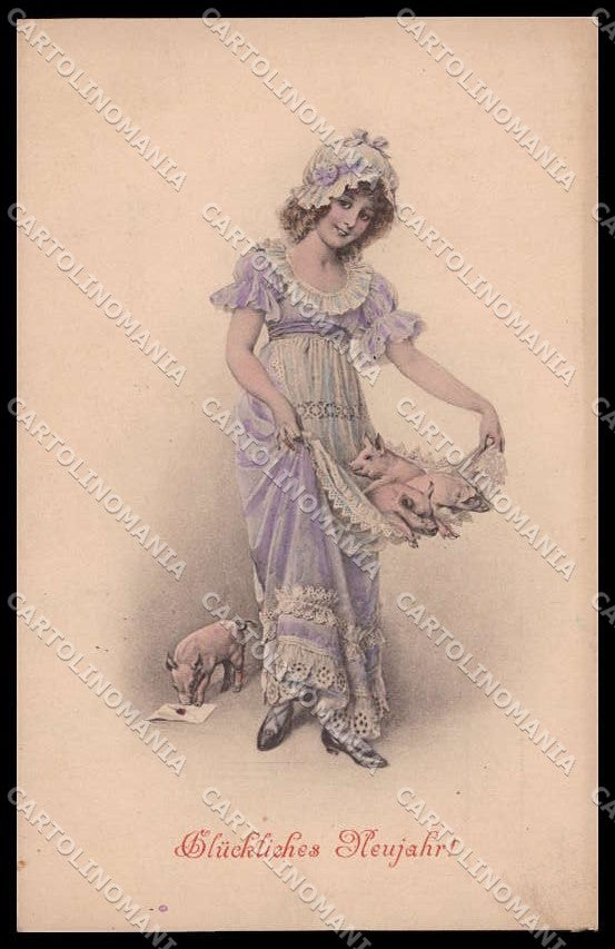 Illustratori Artist Signed Viennoise Girl and Pigs M M Vienne 194 pc ZG6486 – fronte