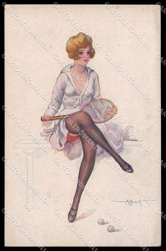 Illustratori Artist Signed A. Penot Risque Lady Tennis Feminin 9-45 pc ZG6597 – fronte