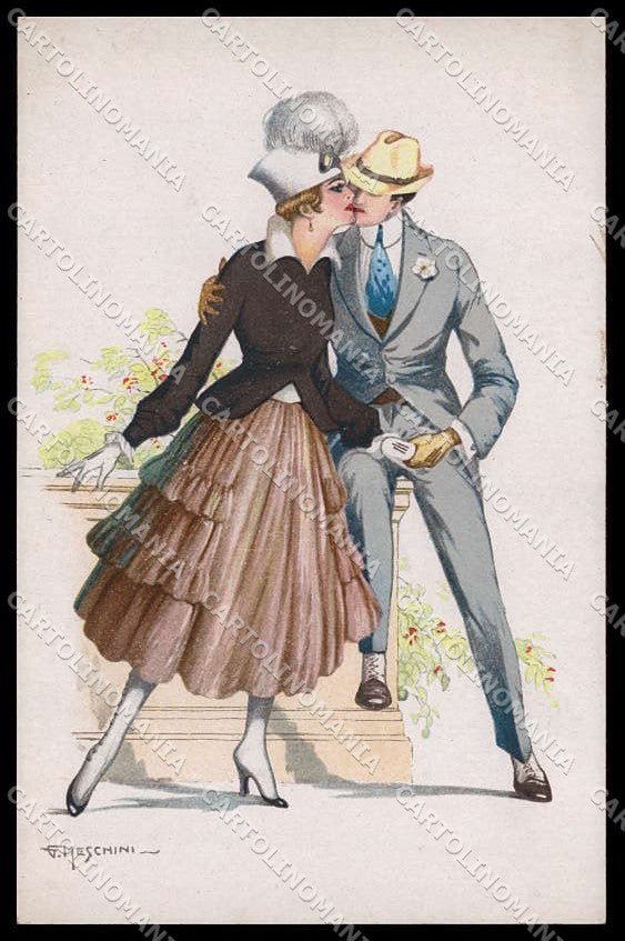 Illustratori Artist Signed Meschini Lady Kissing Couple serie 83 pc ZG6625 – fronte