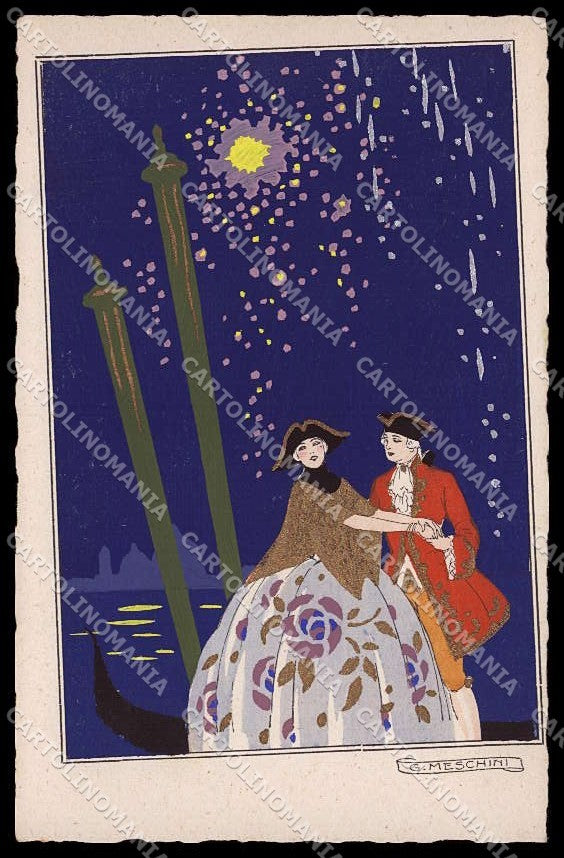 Illustratori Artist Signed Meschini Lady Couple Venezia Hand Painted pc ZG6649 – fronte