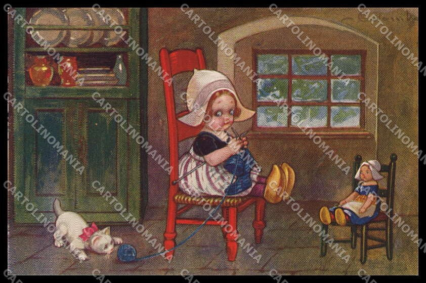 Illustratori Artist Signed Colombo Dutch Girl Doll Cat serie 2032 pc ZG6650 – fronte