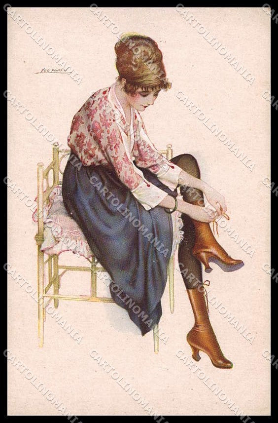 Illustratori Artist Signed Leo Fontan Risque Lady Les Bottines Jaunes pc ZG6842 – fronte