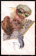 Illustratori Artist Signed Marchisio Lady Kissing Couple Fan 3350-2 pc ZG6908 – fronte