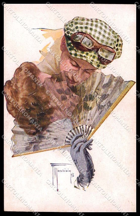 Illustratori Artist Signed Marchisio Lady Kissing Couple Fan 3350-2 pc ZG6908 – fronte