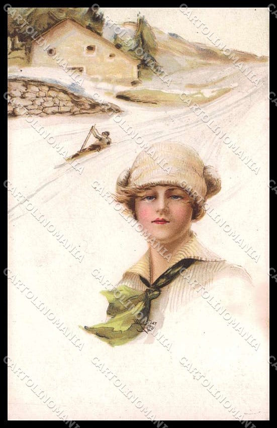 Illustratori Artist Signed Monestier Lady Winter Landscape serie 810-6 pc ZG7010 – fronte