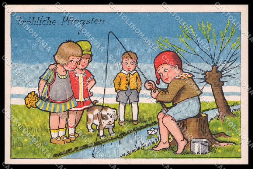 Illustratori Artist Signed Children Fishing Dog cartolina ZG7216 – fronte