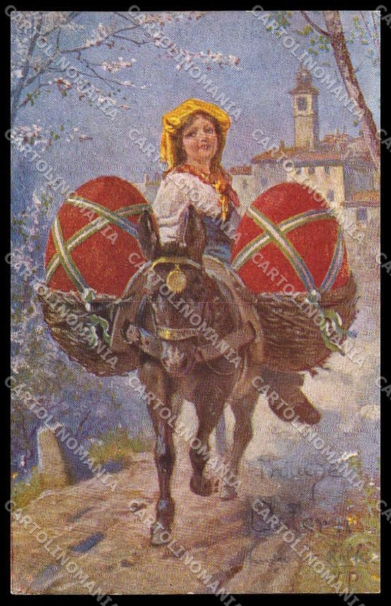 Illustratori Artist Signed VP Girl Donkey Easter Egg cartolina ZG7227 – fronte