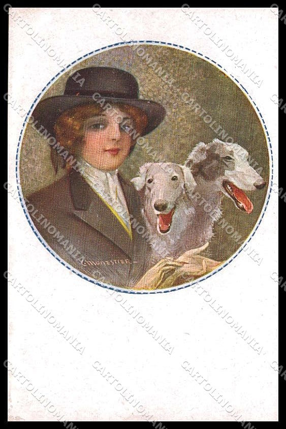Illustratori Artist Signed Monestier Lady Borzoi Dog 36-6 UNGLUED pc ZG7250 – fronte