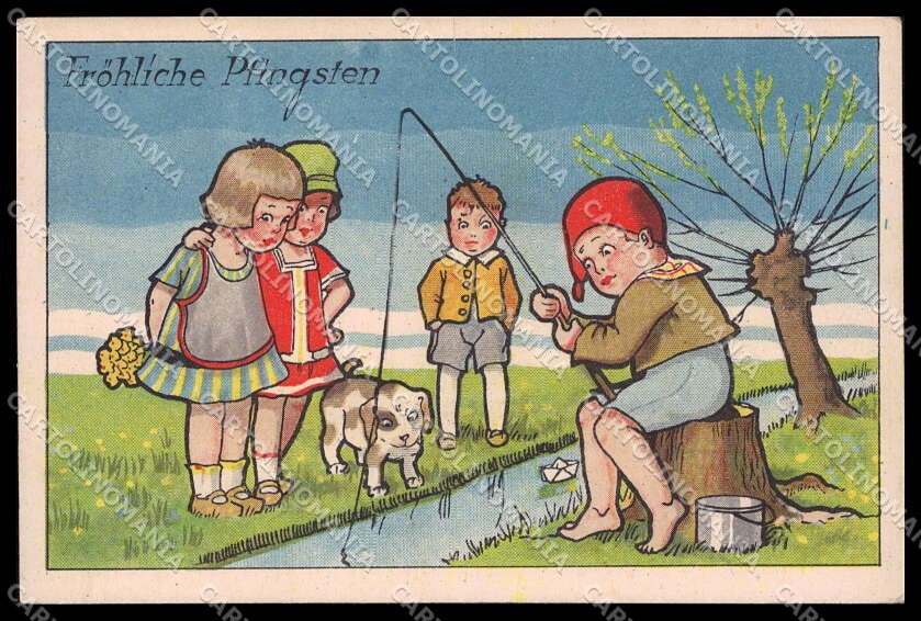 Illustratori Artist Signed Children Fishing Dog cartolina ZG7265 – fronte