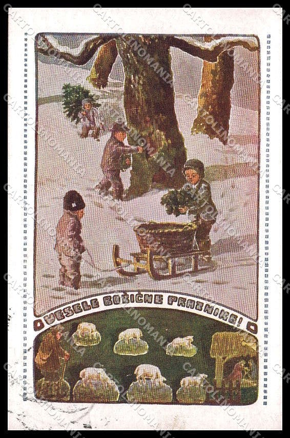 Illustratori Artist Signed Children Christmas Nativity Scene Sled pc ZG7298 – fronte
