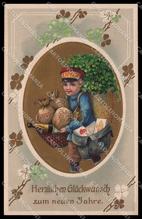 Illustratori Artist Signed Boy Luck Pig Mushroom Relief cartolina ZG7451 – fronte