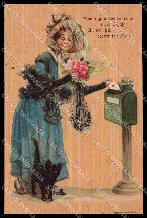Illustratori Artist Signed Clapsaddle Lady Black Cat Mailbox cartolina ZG7684 – fronte