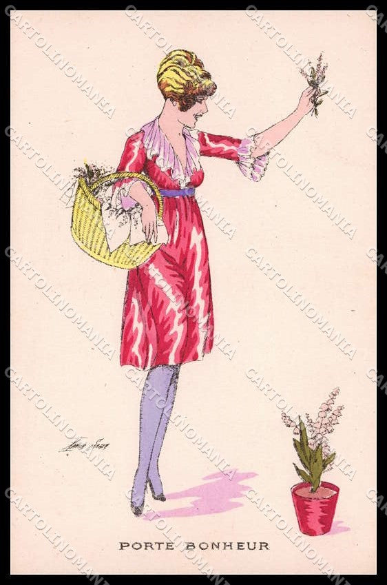 Artist Signed X. Sager Lady Porte Bonheur Muguet de Mai Noyer serie 71 pc ZG7798 – fronte