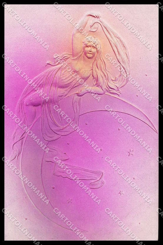 Illustratori Artist Signed Lady Art Nouveau Relief Paper Moon cartolina ZG7919 – fronte