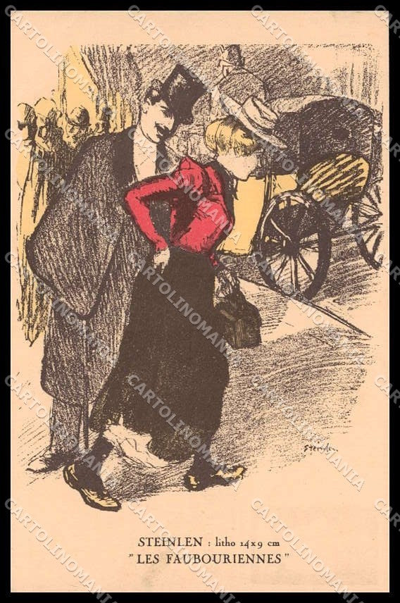 Illustratori Artist Signed Steinlen Lady Couple CORNER CREASED cartolina ZG7948 – fronte